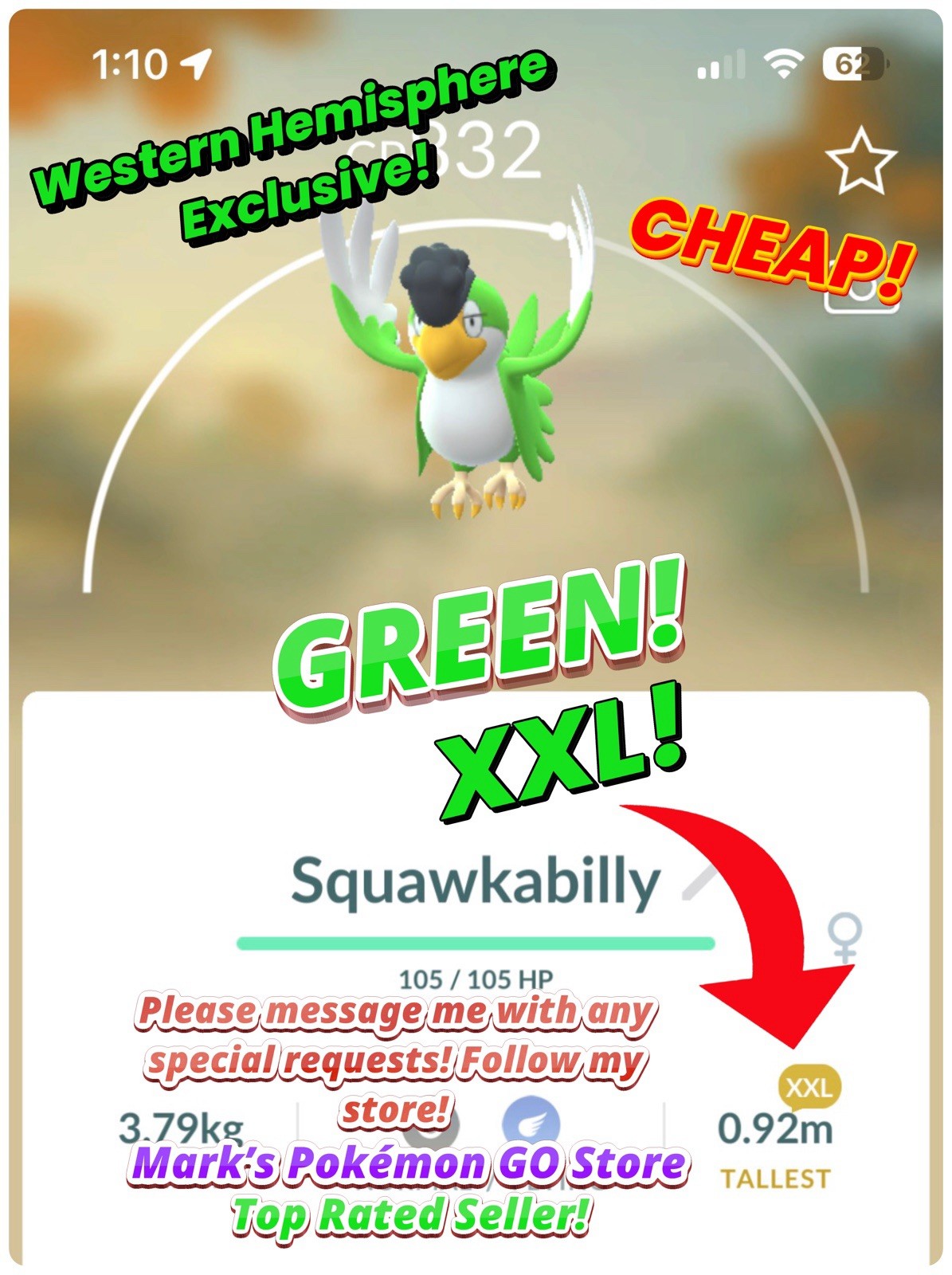 Pokémon🟢XXL Green Squawkabilly🟢Eastern Hemisphere Exclusive!🟢TRA-DE🟢Go