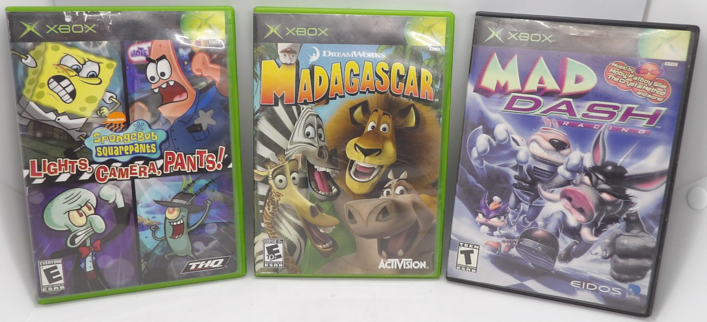XBOX Animated Game Bundle of 3: Mad Dash, Madagascar & SpongeBob:Lights, Camera.