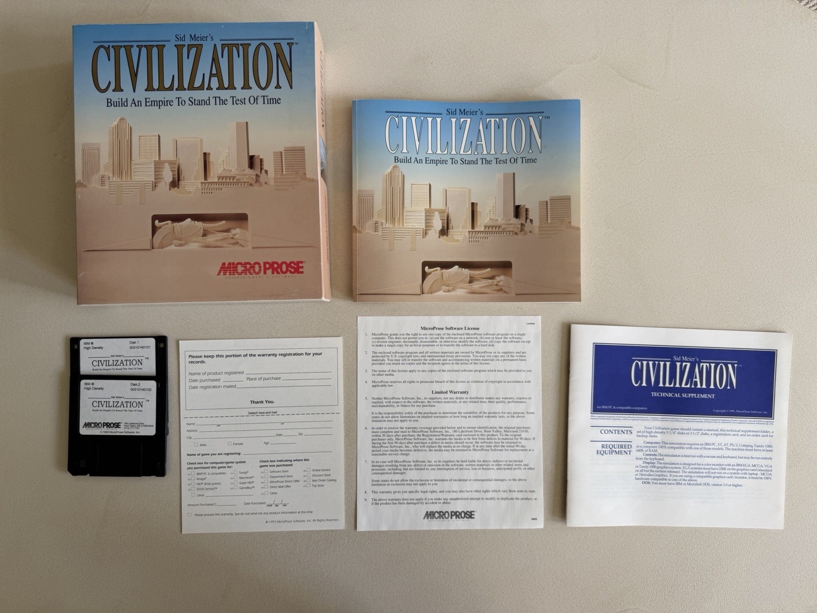 Sid Meier’s Civilization Microprose IBM 2 Floppy Disk 1991 w/ Inserts Big Box