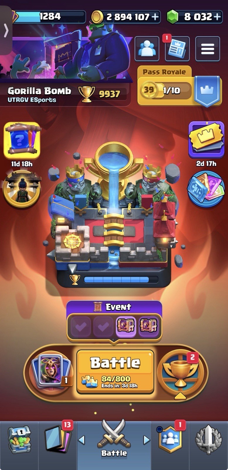 (57Card Lvl 16-15-14) 9000 Trophy/Emotes/Tower Skin/Evoes/8000 Gems