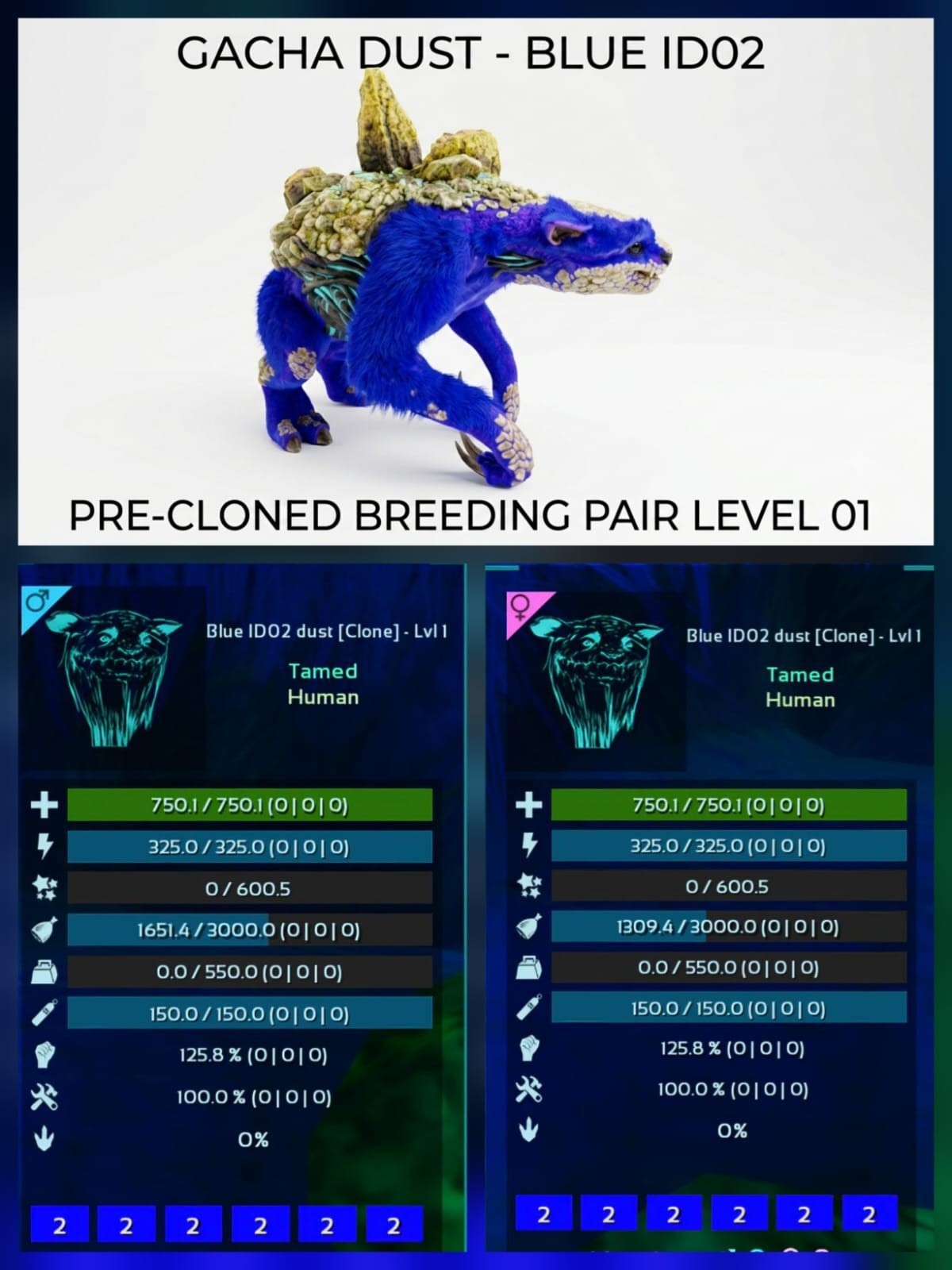 GACHA Dust LVL 01 Pre-Cloned breeding Pair Ark Ascended Official PVE PC/XBOX/PS5