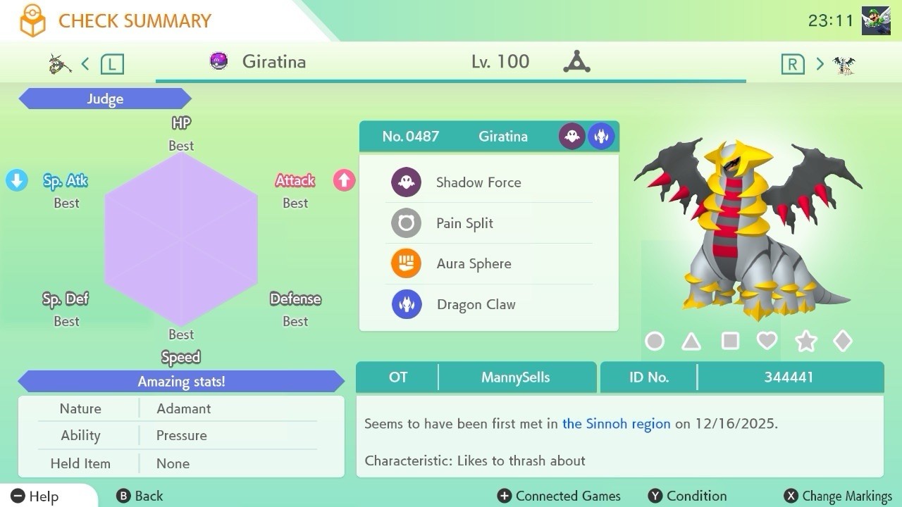 BDSP Caught Legendaries Shiny/Non Shiny, 6IV, Level 100, EVs 6HP 252ATK 252SPE