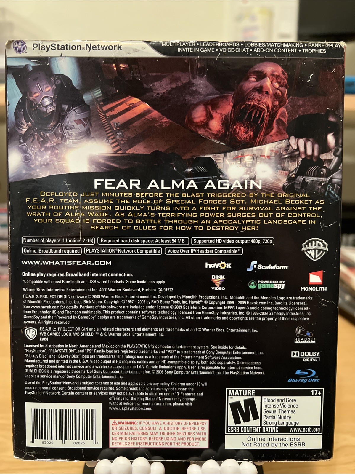 FEAR 2: Project Origin (Sony PlayStation 3, 2009) Complete In Box With Slipcover