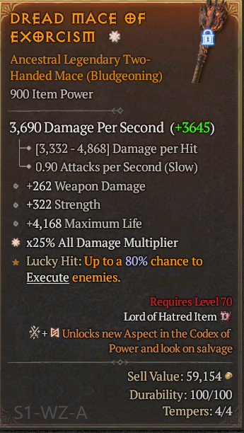 🔥 Diablo 4 Season 14 🔥Ancestral Legendary Two-Handed Mace 1GA/ 4GA