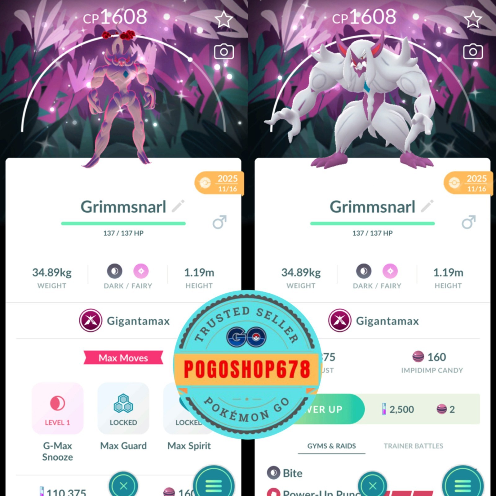 Pokémon PTC Go – Shiny Gigantamax Grimmsnarl Special Background ✨ Mini or Trade