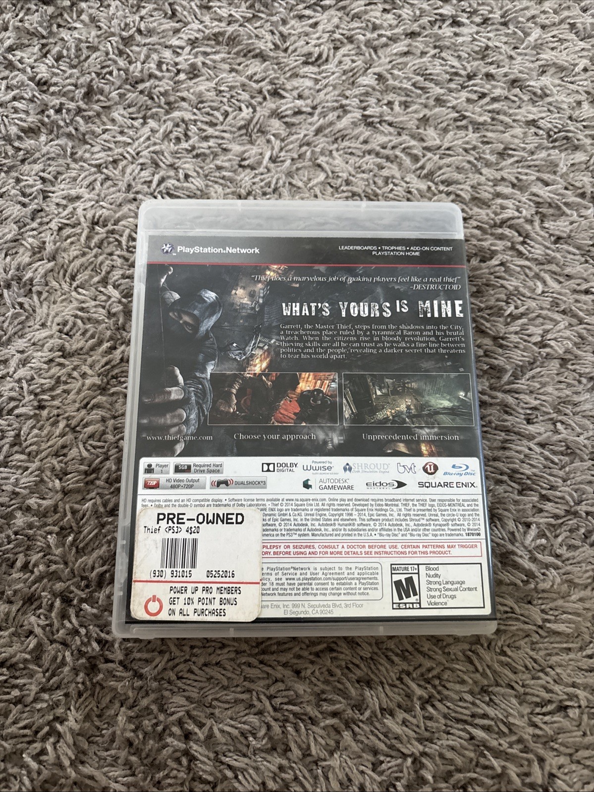 Square Enix Thief Action & Adventure Sony PlayStation 3 2014 Manual Included