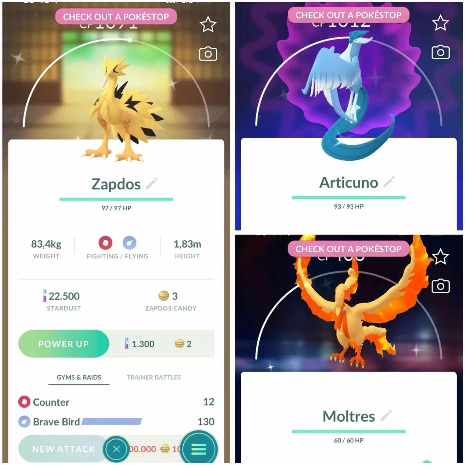 Pokémon G0 – shiny Galarian Birds ✨Combo Moltres, Articuno, Zapdos – mini P T C