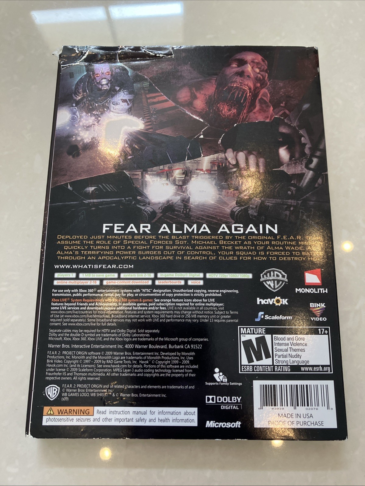 F.E.A.R. 2: Project Origin Xbox 360 CIB Complete w Manual & Slipcover Tested