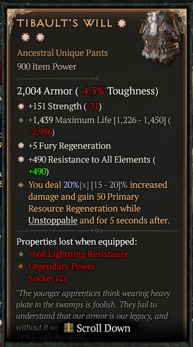 ☀️☀️☀️DIABLO 4👞SEASONAL 14🔥TIBAULT’S WILL PANT🔥3GA-STR+FURY REGEN+RES ALL