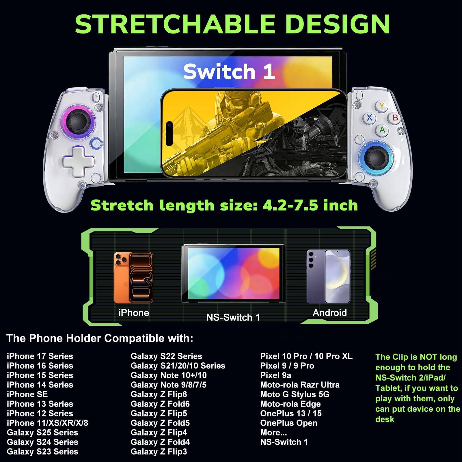 Transparent Wireless Gaming Controller: iOS/Android, PC/Console, RGB, Vibration