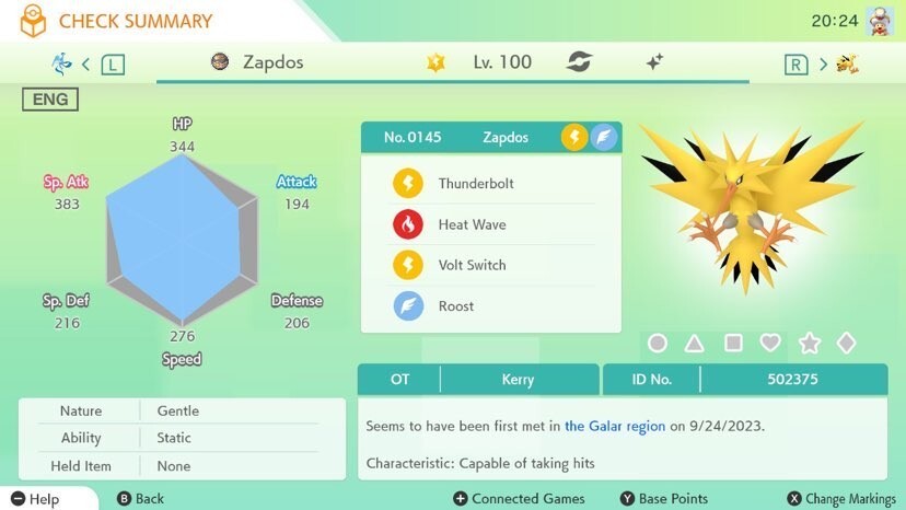 🔥Pokémon Scarlet & Violet🔥 Shiny Zapdos with free item from Galar region!!🌟🌟