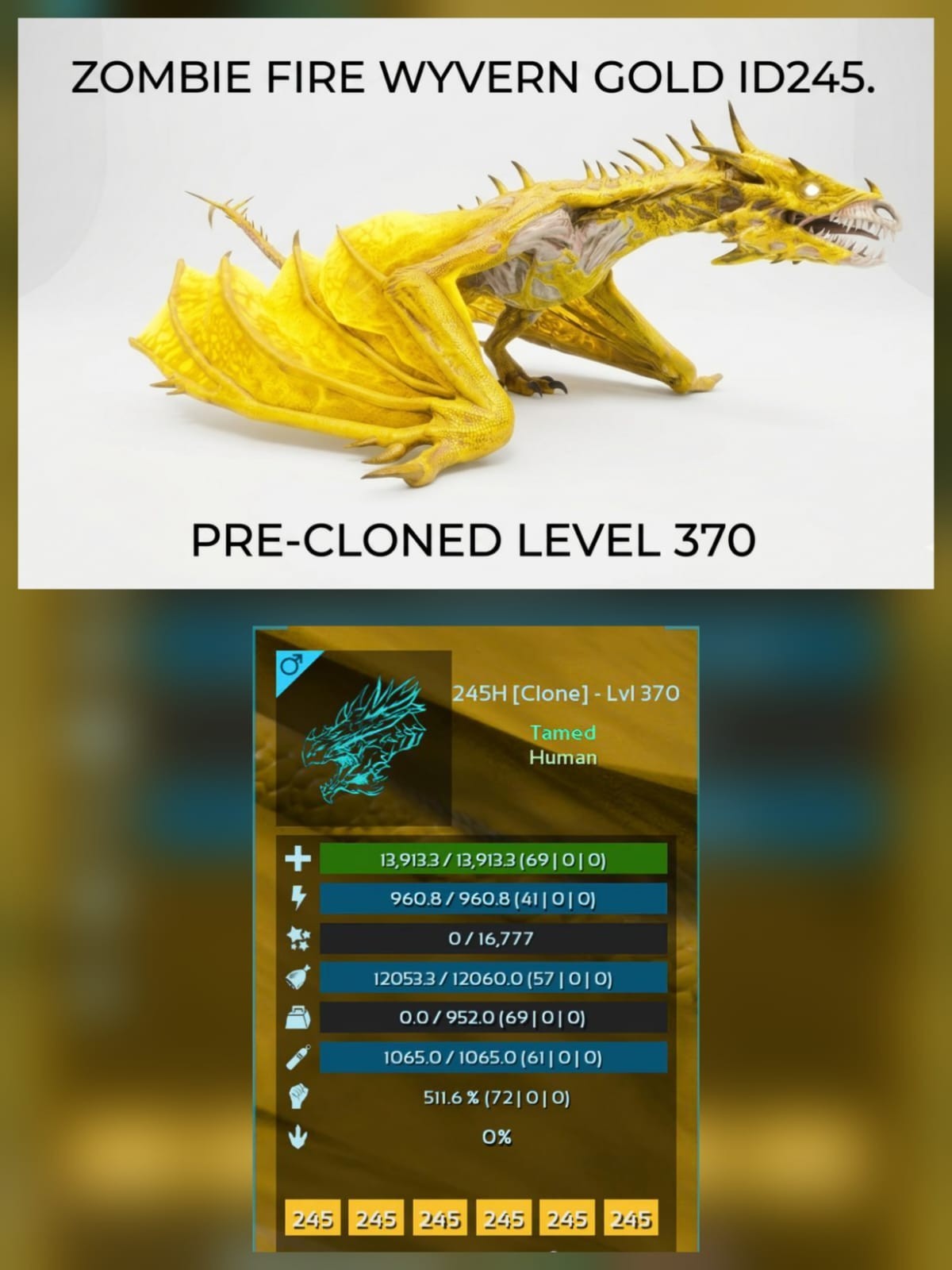 Zombie Fire Wyvern PRE-CLONED Level 370 – Ark Ascended PVE Official Crossplay