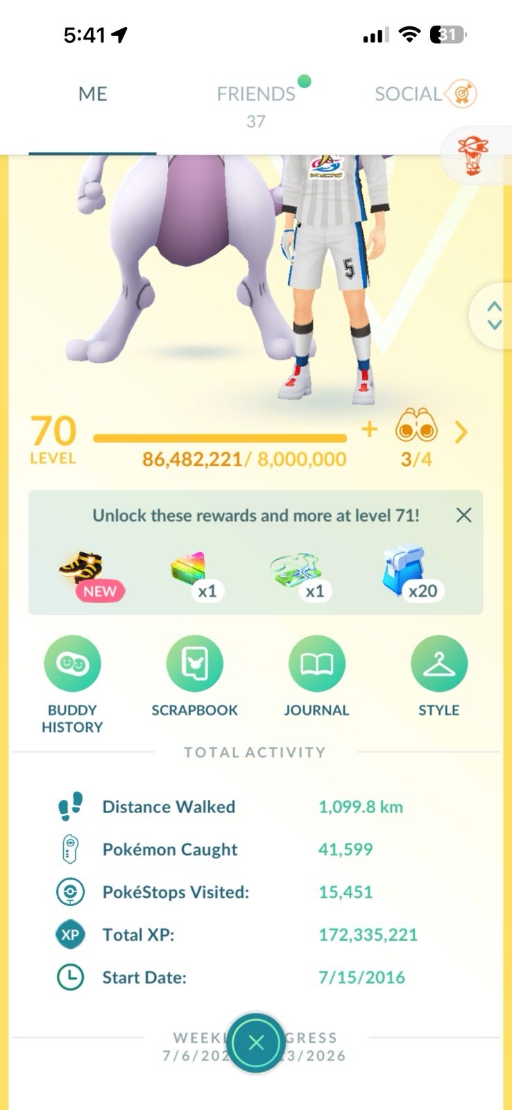 Poke Acc GO LvL 70 -6,500,000 Stardust- 541 Legend, 400 Shiny-Name changeble