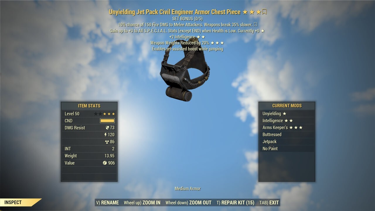 FALLOUT 76 PC CIVIL ENGINEER ARMOR SET UNYIELDING +10 INTELLIGENCE ARMS KEEPER