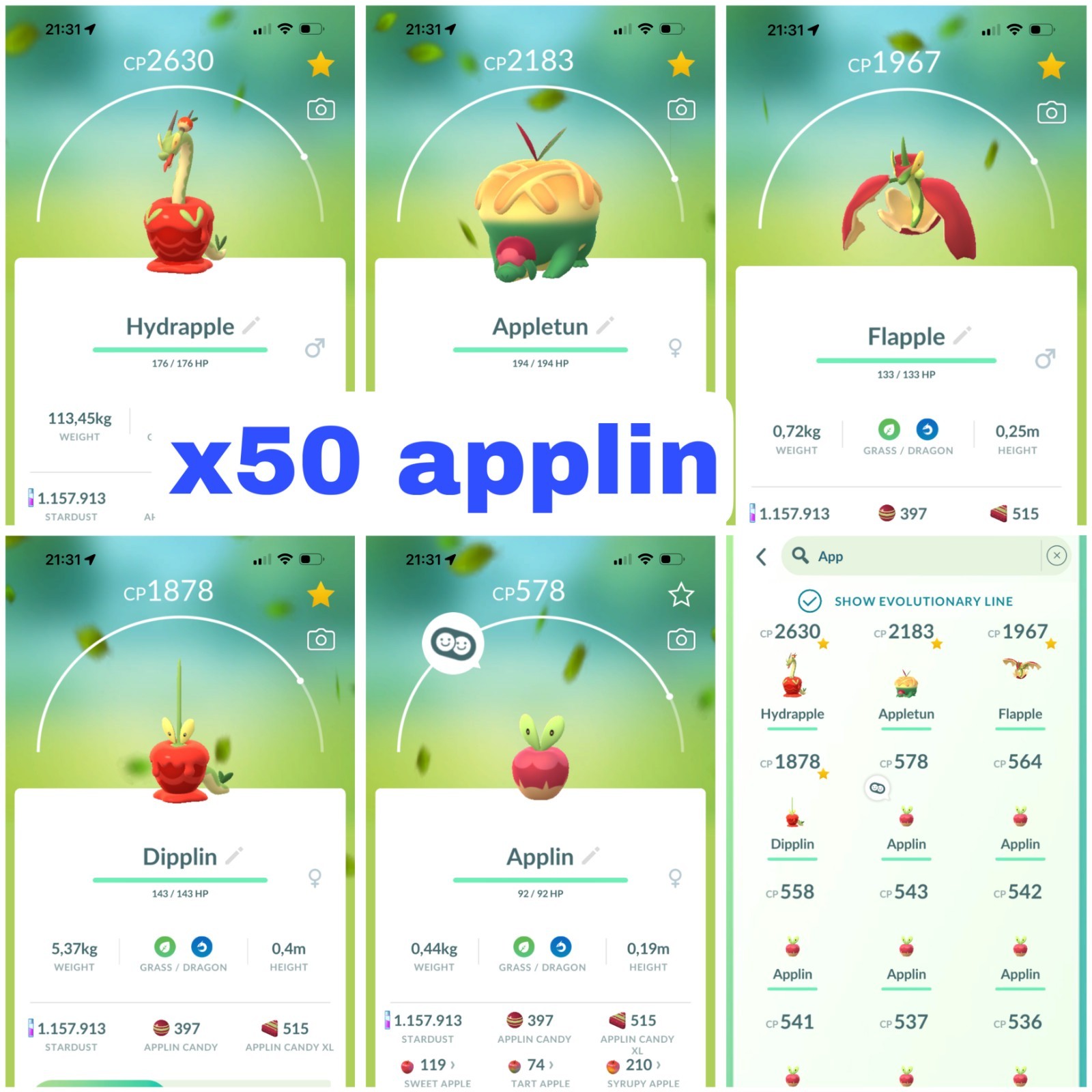 Hydrapple ,Appletun , Flapple, Dipplin, Applin x 50 | Mini P T C