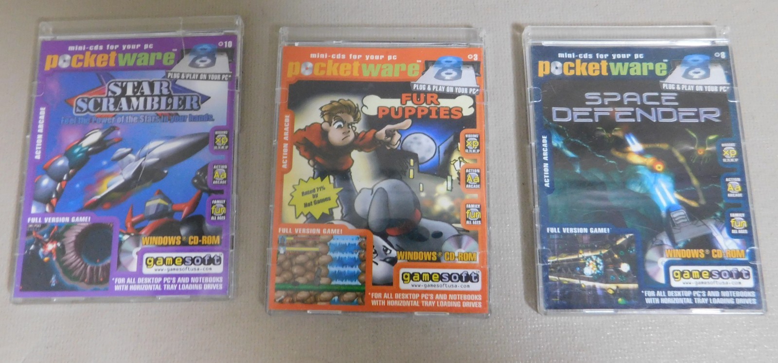 Lot Of 3 Pocketware Mini-CDs for PC Star Scrambler Fur Puppies Space Defender VG