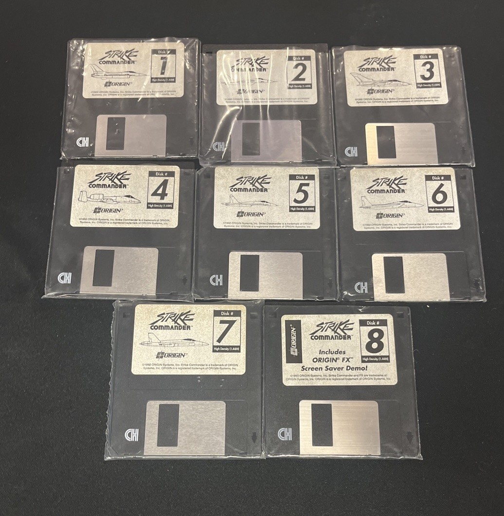 Origin Strike Commander Floppy Disk PC Disc 1 2 3 4 5 6 7 & 8 3.5″ Floppy Disks