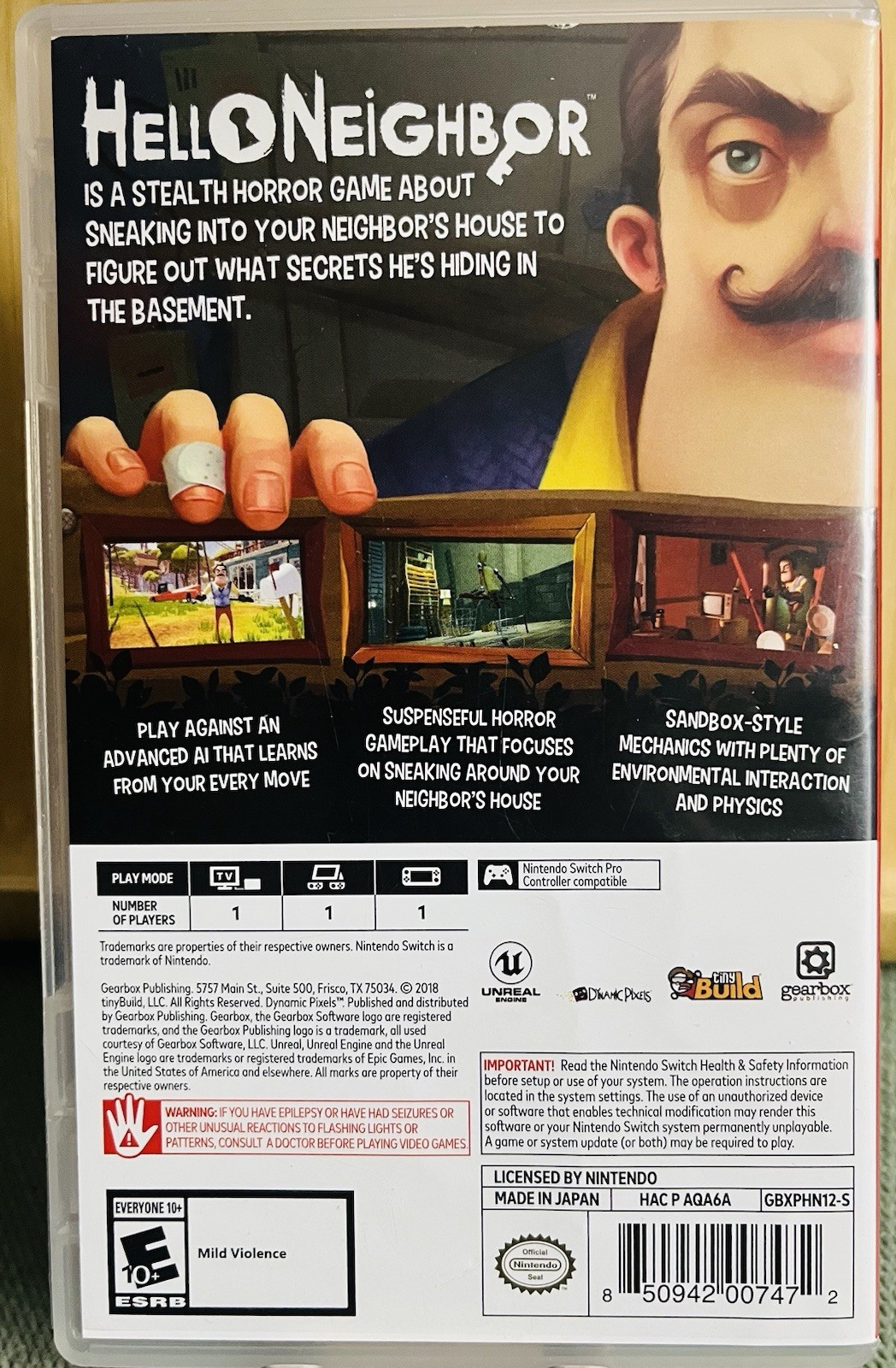 Gearbox Hello Neighbor Nintendo Switch NTSC-U/C 2018 E10+ Case
