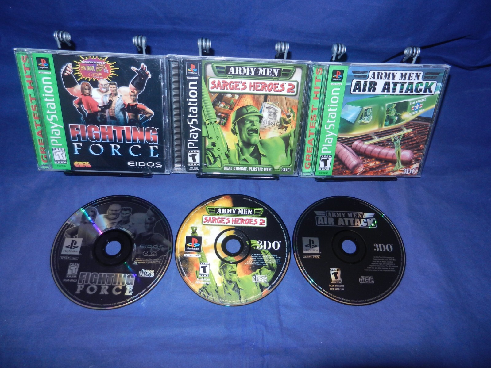 PS1; Fighting Force, Army Men Sarge’s Heroes 2, Army Men Air Attack,w/Manuals,VG