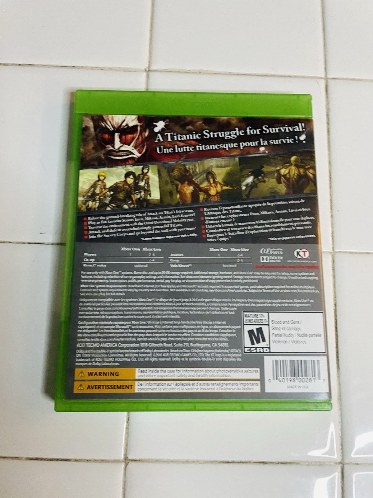 Koei Tecmo Attack on Titan Xbox One 2016 M Rated Action & Adventure NTSC-U/C