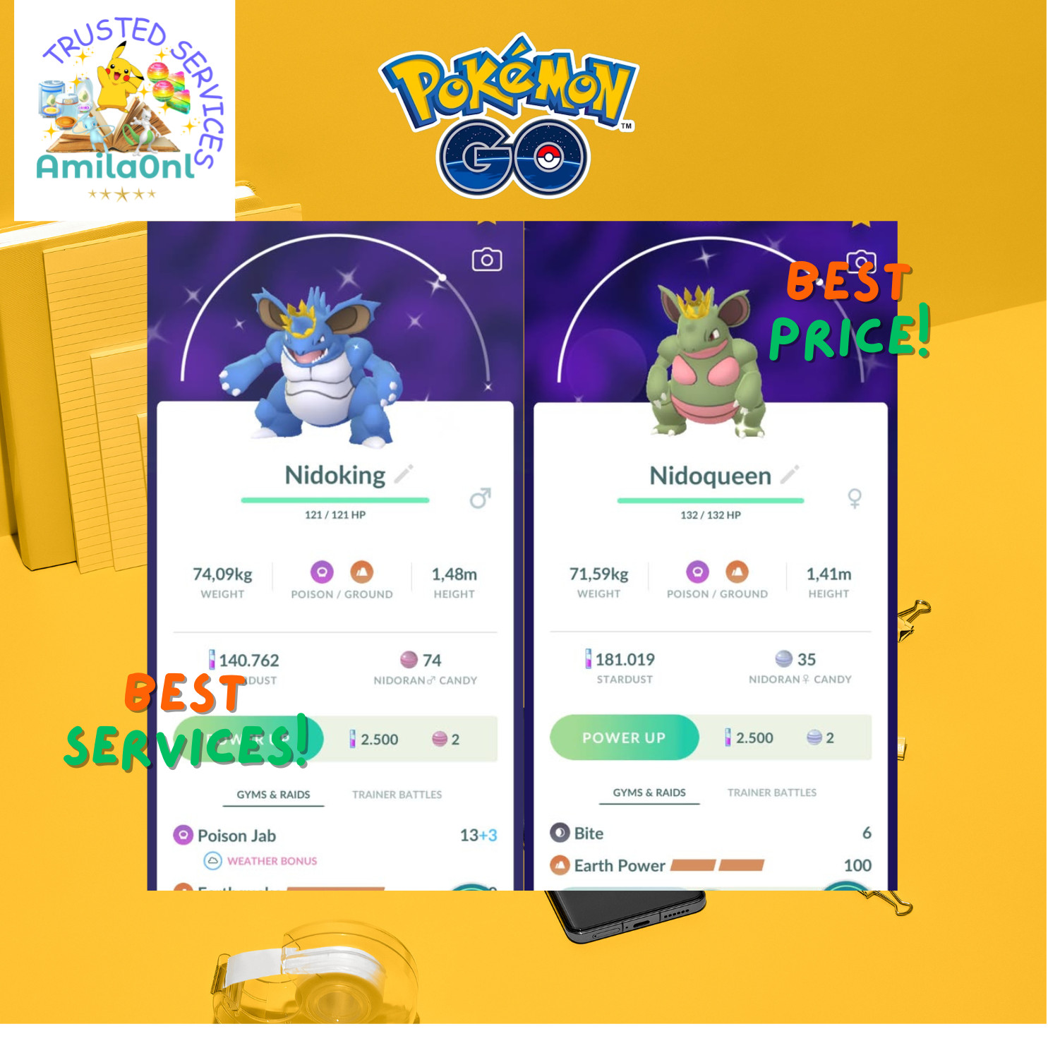 Pokémon – Shiny Nidoking & Nidoqueen with Crown| Trade Registered or Mini P’TC