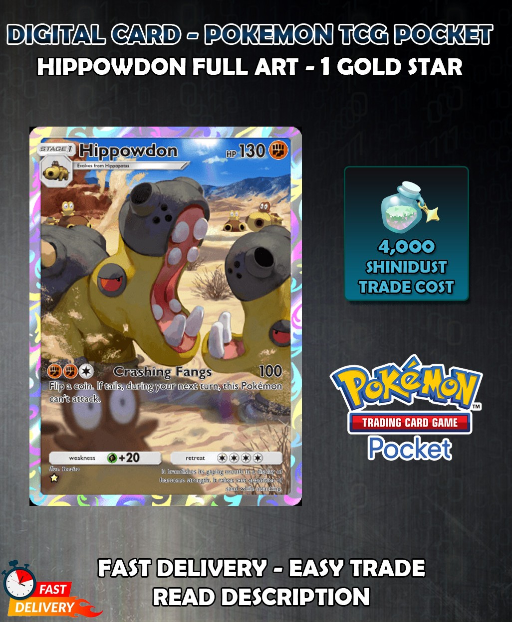 Pokemon TCG Pocket – Hippowdon – Full Art – 1 Gold Star – Fast Delivery