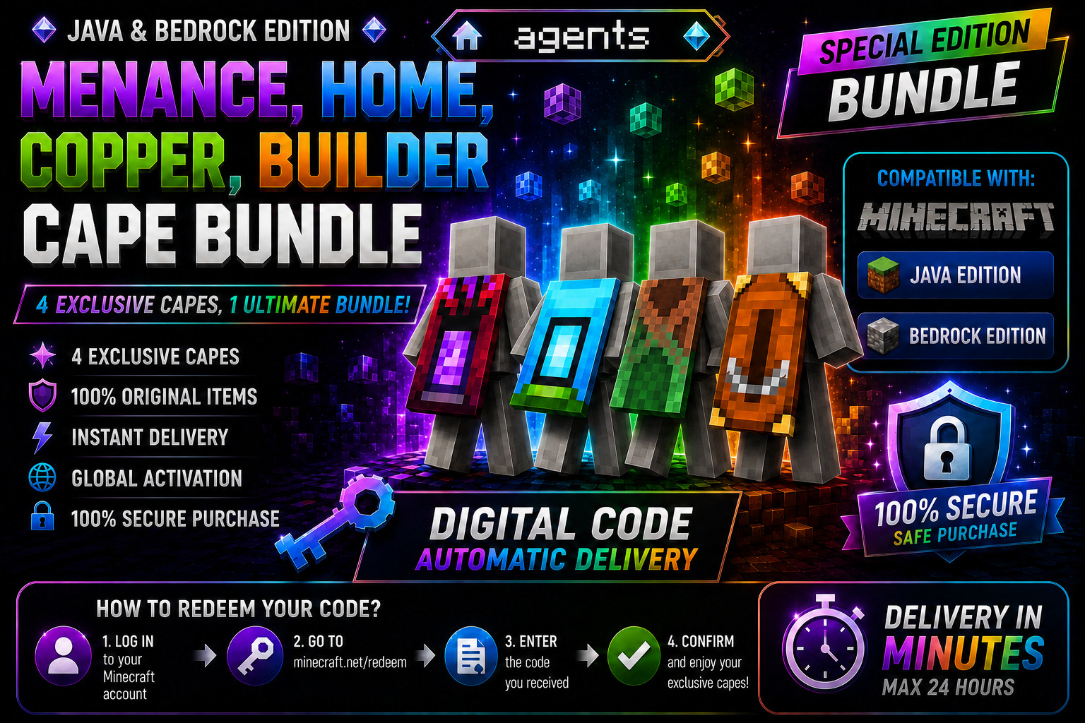 Minecraft Menance,Home,Copper,Builder Cape Bundle | Java & Bedrock