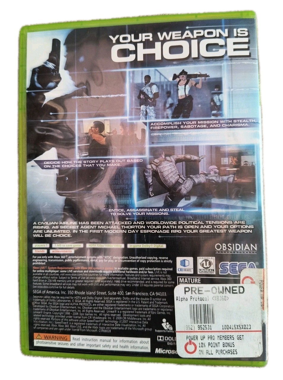 Alpha Protocol Xbox 360 Complete W Manual Espionage RPG Sega Video Game Clean