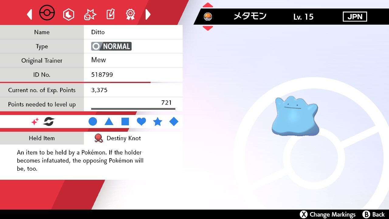 Shiny 6IV JPN Region Ditto Imposter + Destiny Knot Pokemon Sword/Shield
