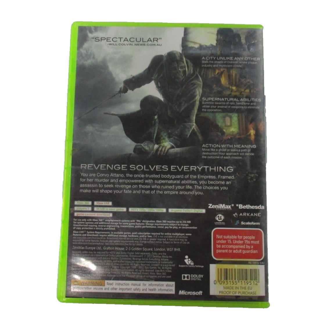 Dishonored XBOX 360 MA15+ PAL R4 2012 Epic Games + Manual Tested