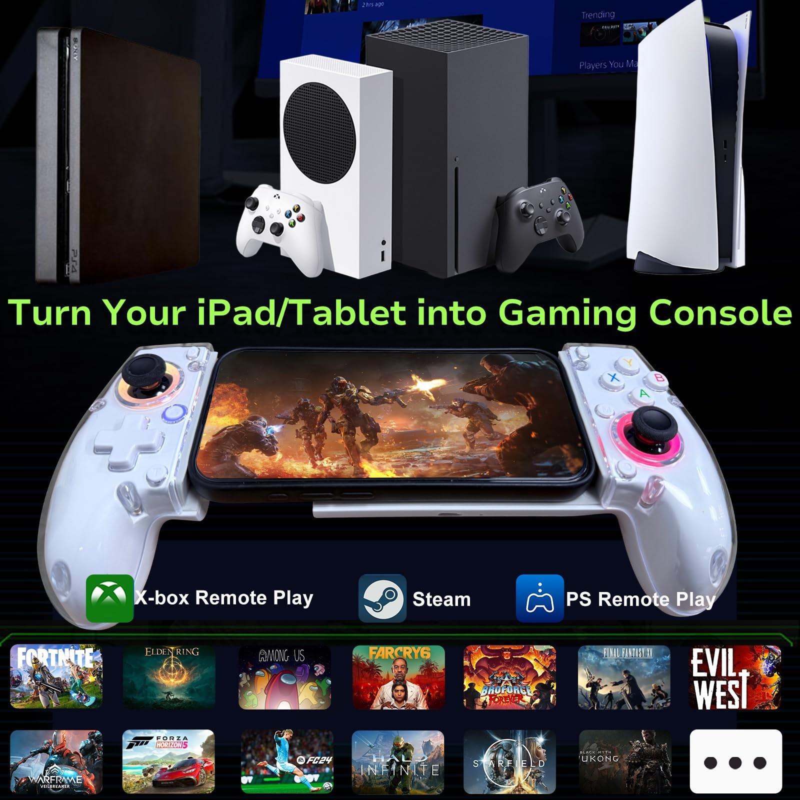 Transparent Wireless Gaming Controller: iOS/Android, PC/Console, RGB, Vibration