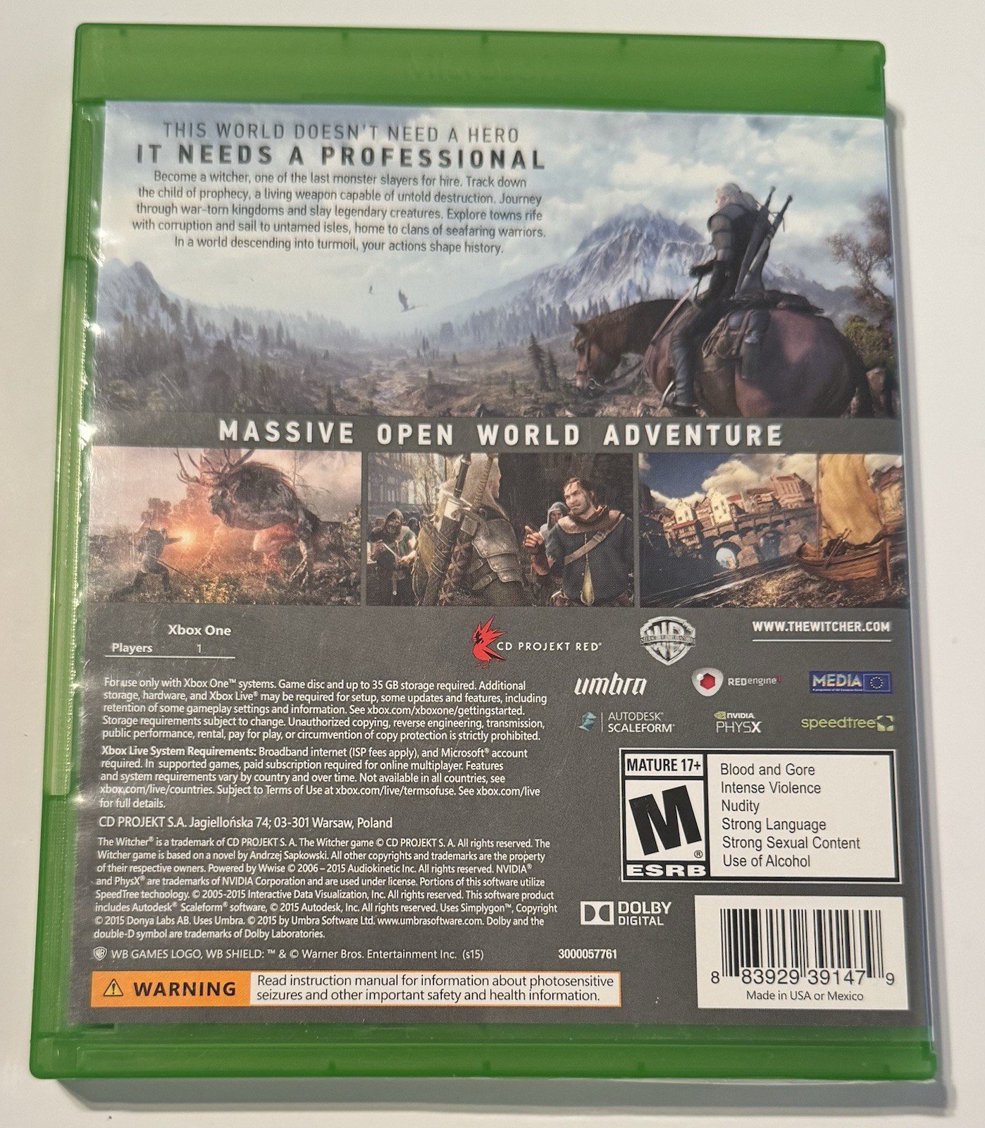 Xbox One Video Game, The Witcher 3, 2015 CD Projekt Red, VG Cond
