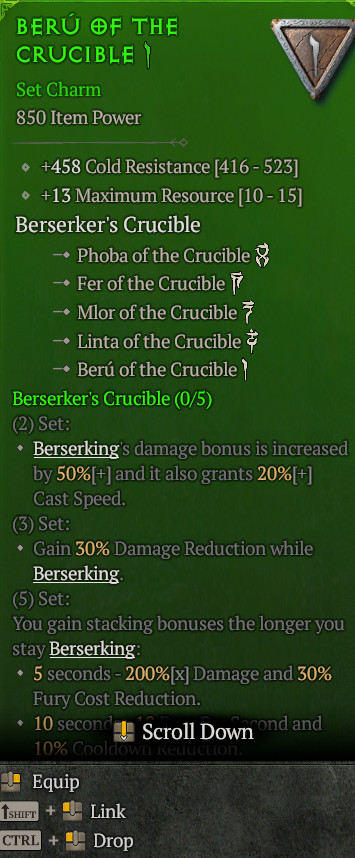 Set Charm Berserker’s Crucible Full set 74 Max Resource Diablo 4 Season 14 S14