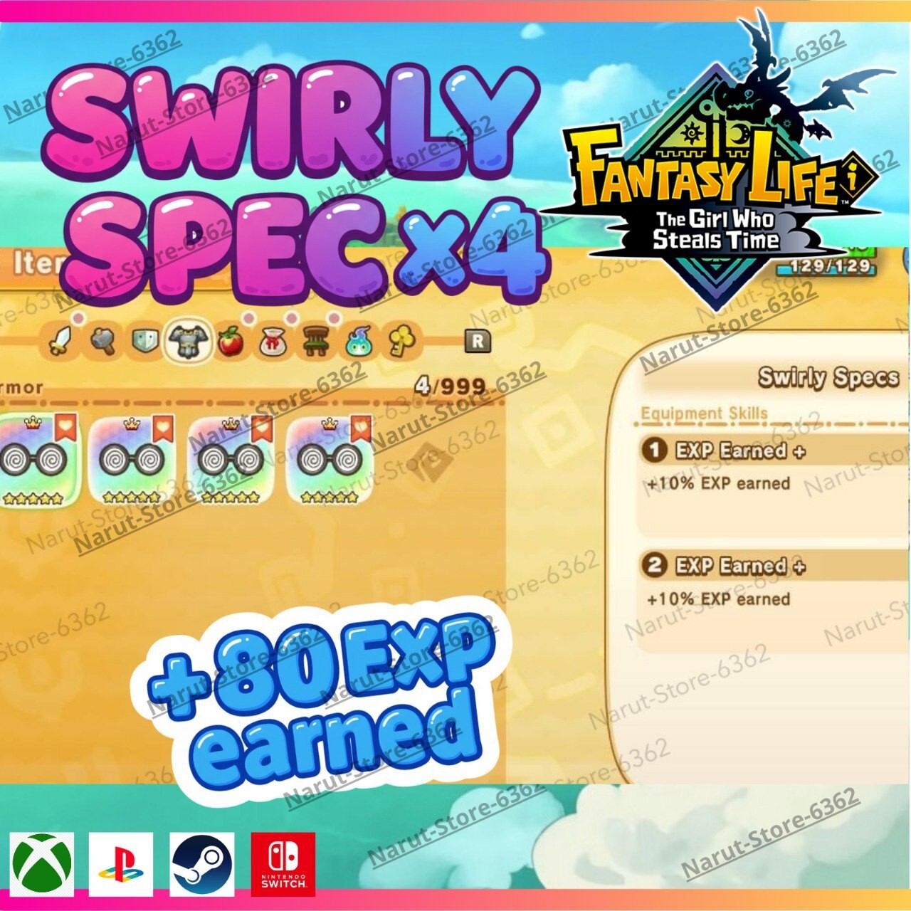 Fantasy Life I: Swirly Specs x4 🌟+80% exp earned✨item The Girl Who Steals Time