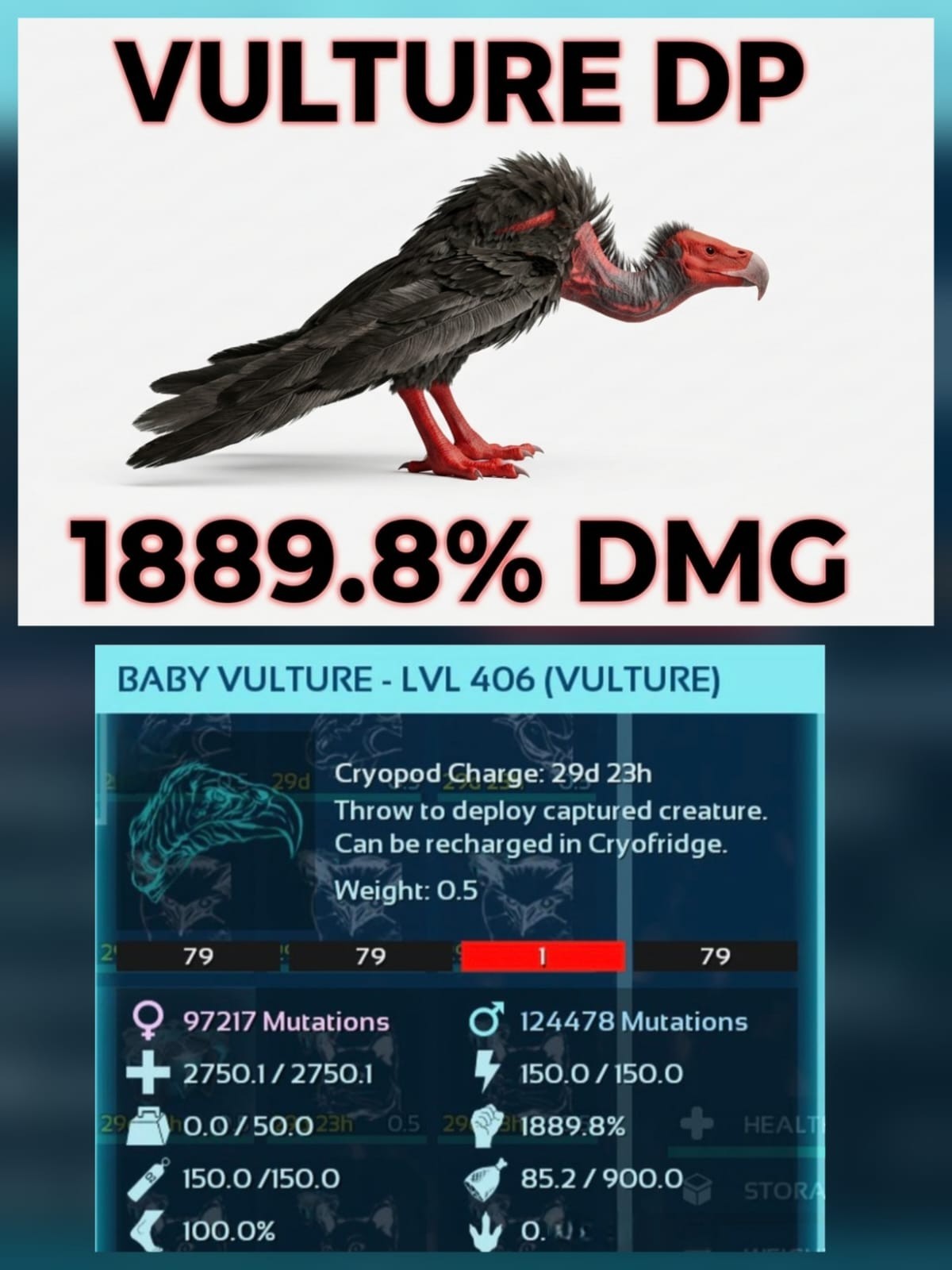 Vulture Top Melee [1889.8%] Baby Level 406 Ark Ascended Pve Official PC/XBOX/PS5