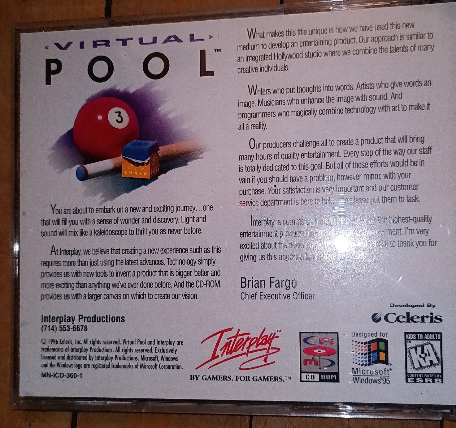 Virtual Pool PC CD-ROM Game Interplay Windows 95 Vintage 1995 Tested CIB