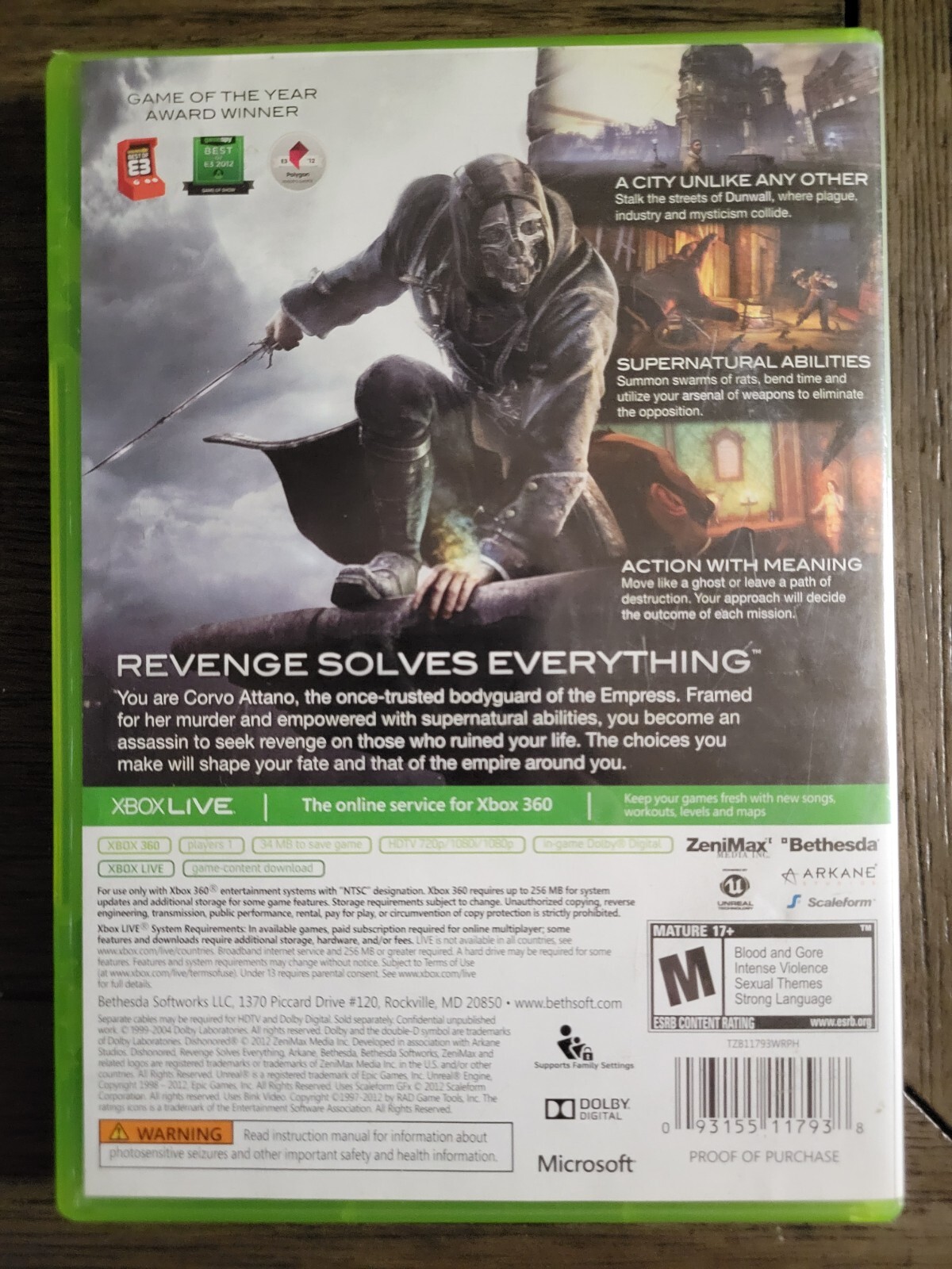 Dishonored (Microsoft Xbox 360, 2012) CIB Complete