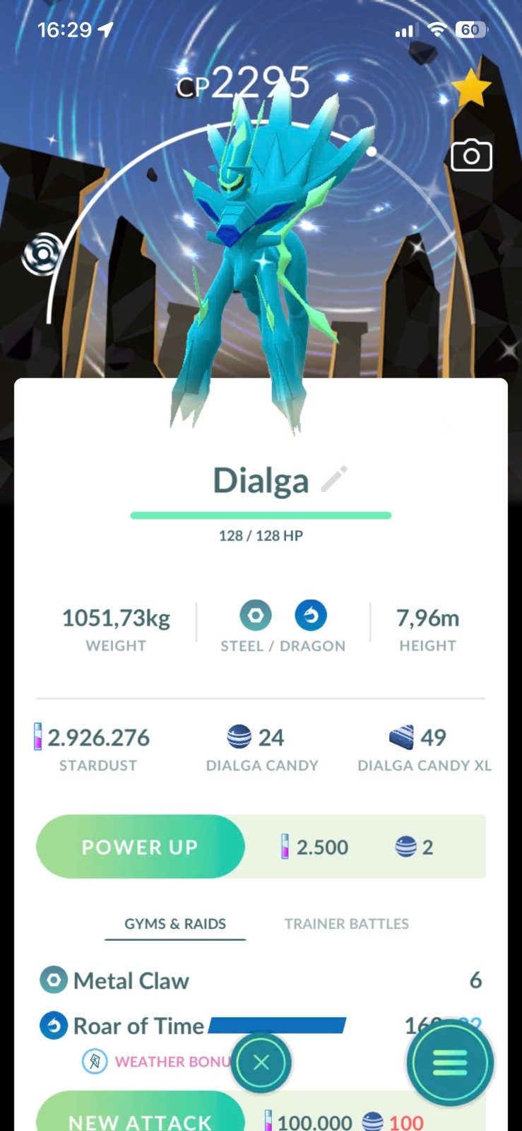 PoGo✨Shiny Dialga O have Roar of Time BG Diamond Lv50 & 3 Moves✨Trade 01mil Dust