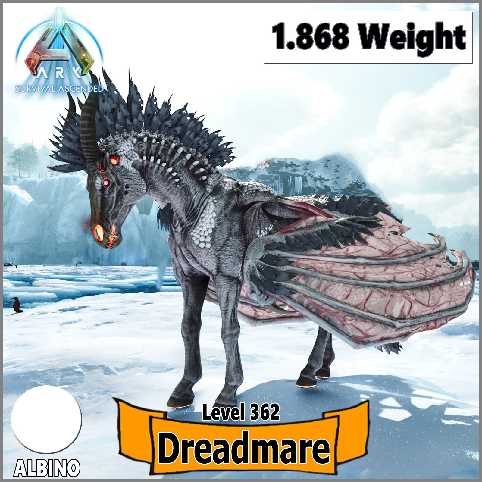 Ark Ascended PC/PS5/XBOX PVE ALBINO DREADMARE 🦄 Level 362 100% Imprinted