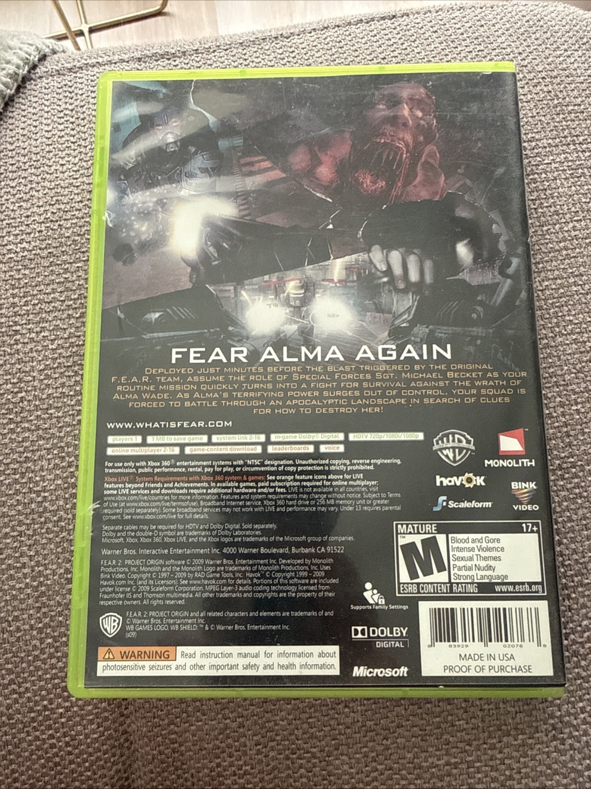 F.E.A.R. 2: Project Origin (Microsoft Xbox 360, 2009) CIB