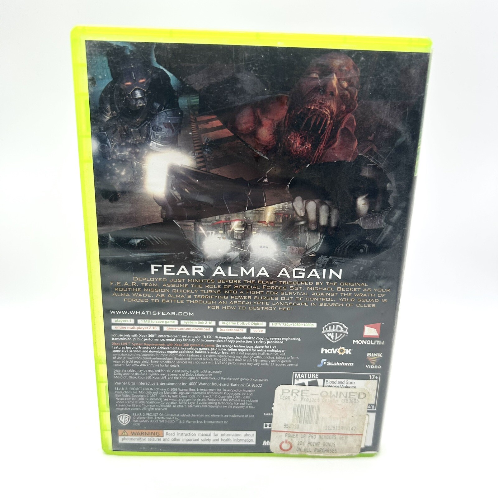 F.E.A.R. 2: Project Origin (Microsoft Xbox 360, 2009) Complete W/ Manual VG4115