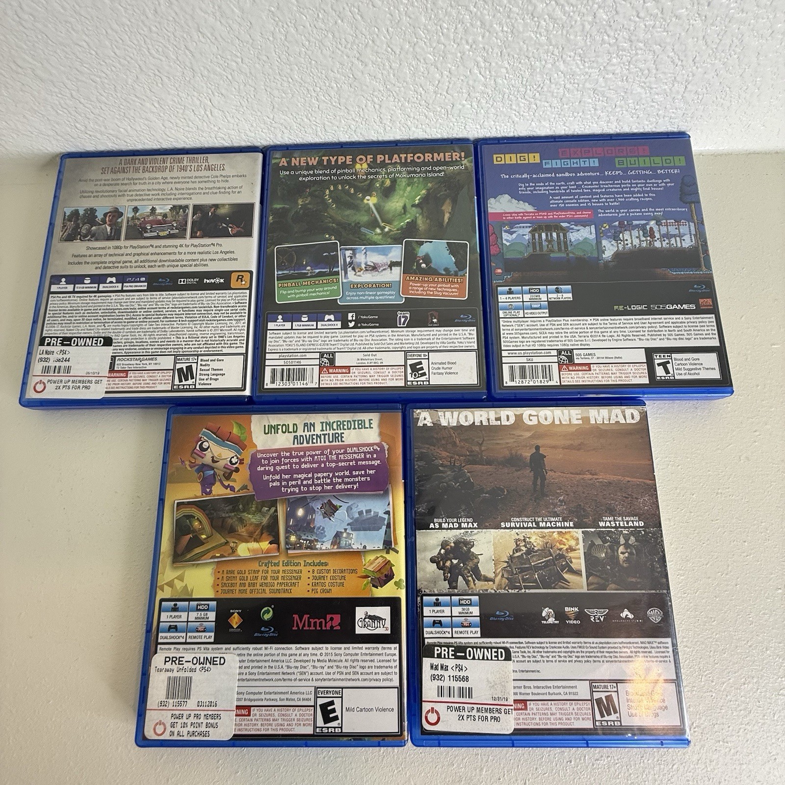 Lot Of 5 PlayStation 4 PS4 Games LA Noire Mad Max Tearaway Terraria Yoku’s