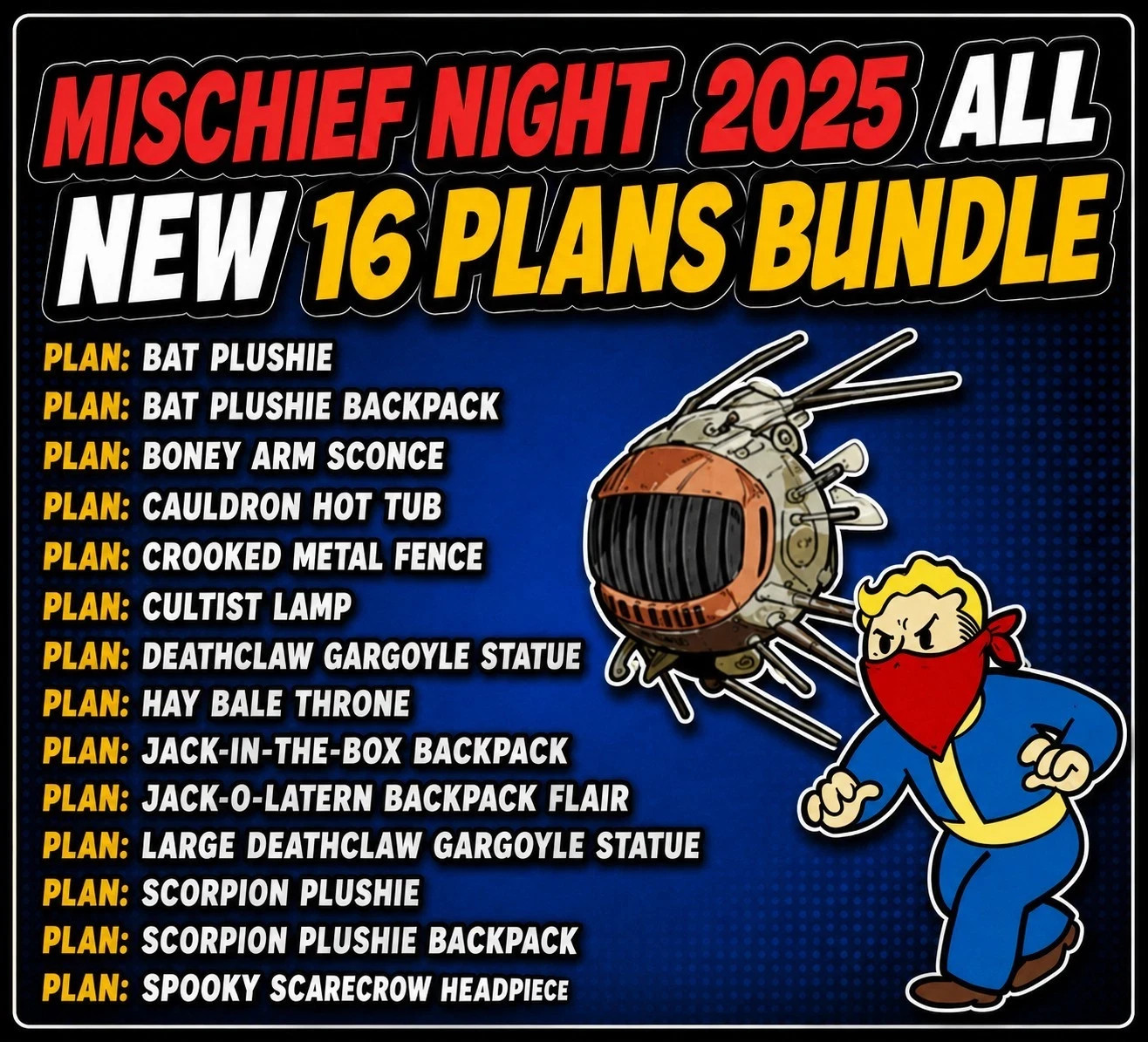 FALLOUT 76 PC MISCHIEF NIGHT 2025 ALL NEW 16 PLANS BUNDLE [CHEAPEST ON EBAY]