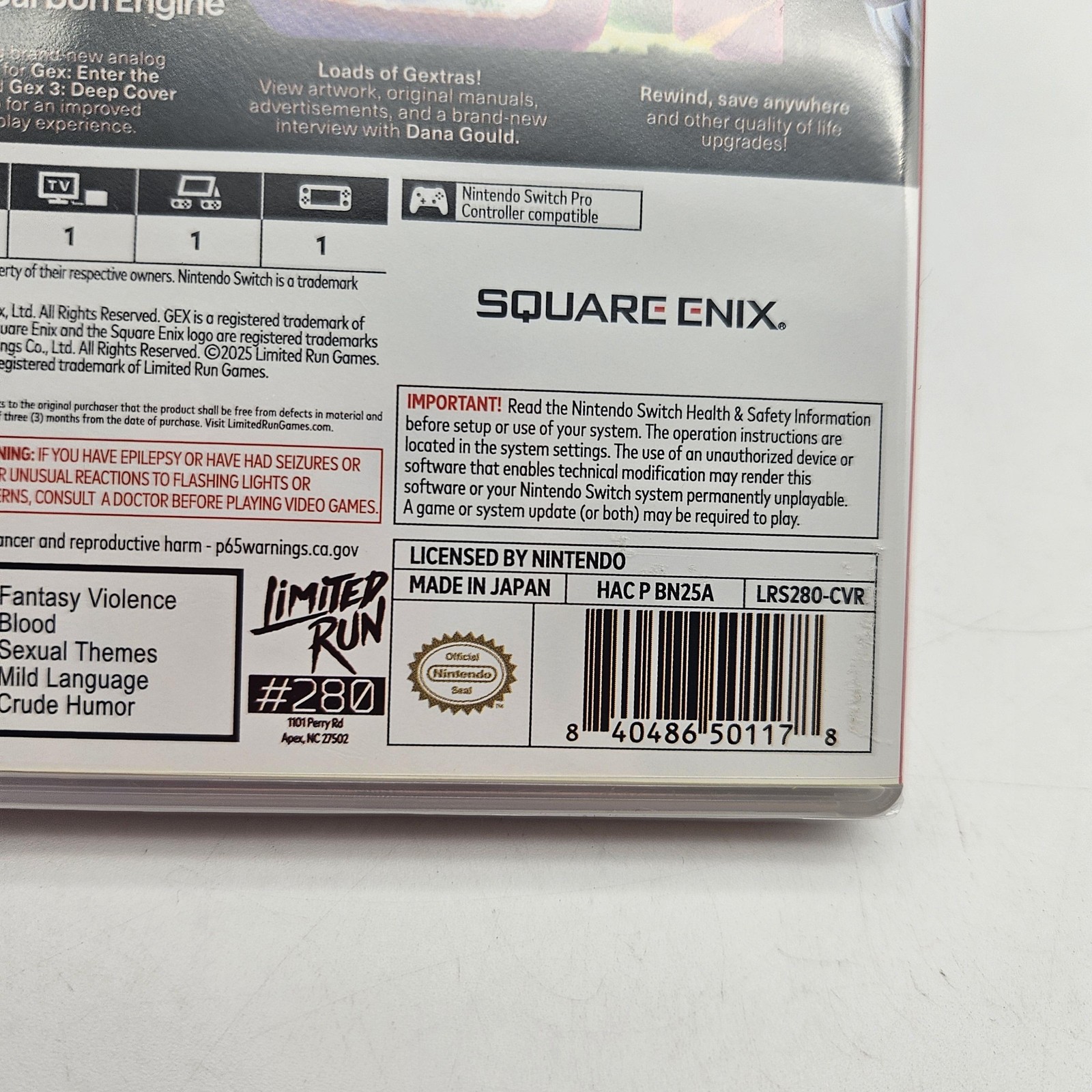 Gex Trilogy Nintendo Switch Limited Run #280 Brand New Sealed Square Enix Japan