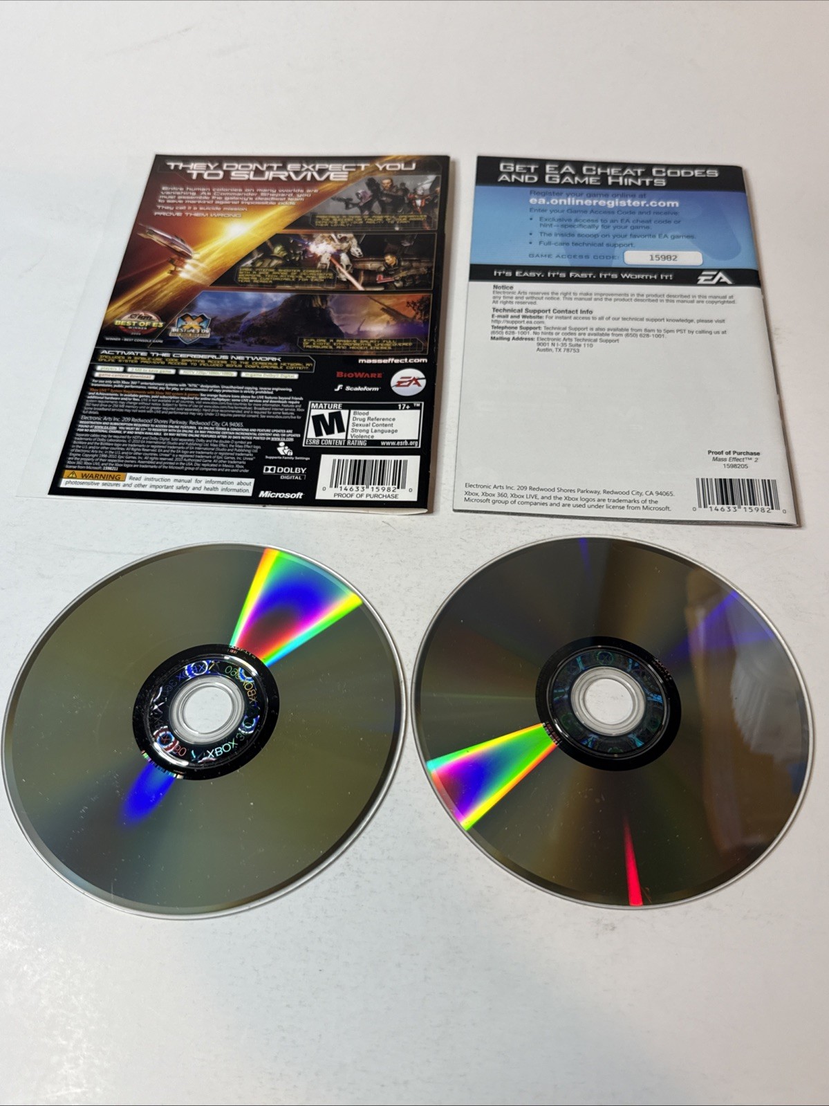 Mass Effect 2 (Microsoft Xbox 360, 2010) 2 Discs Manual & Artwork TESTED
