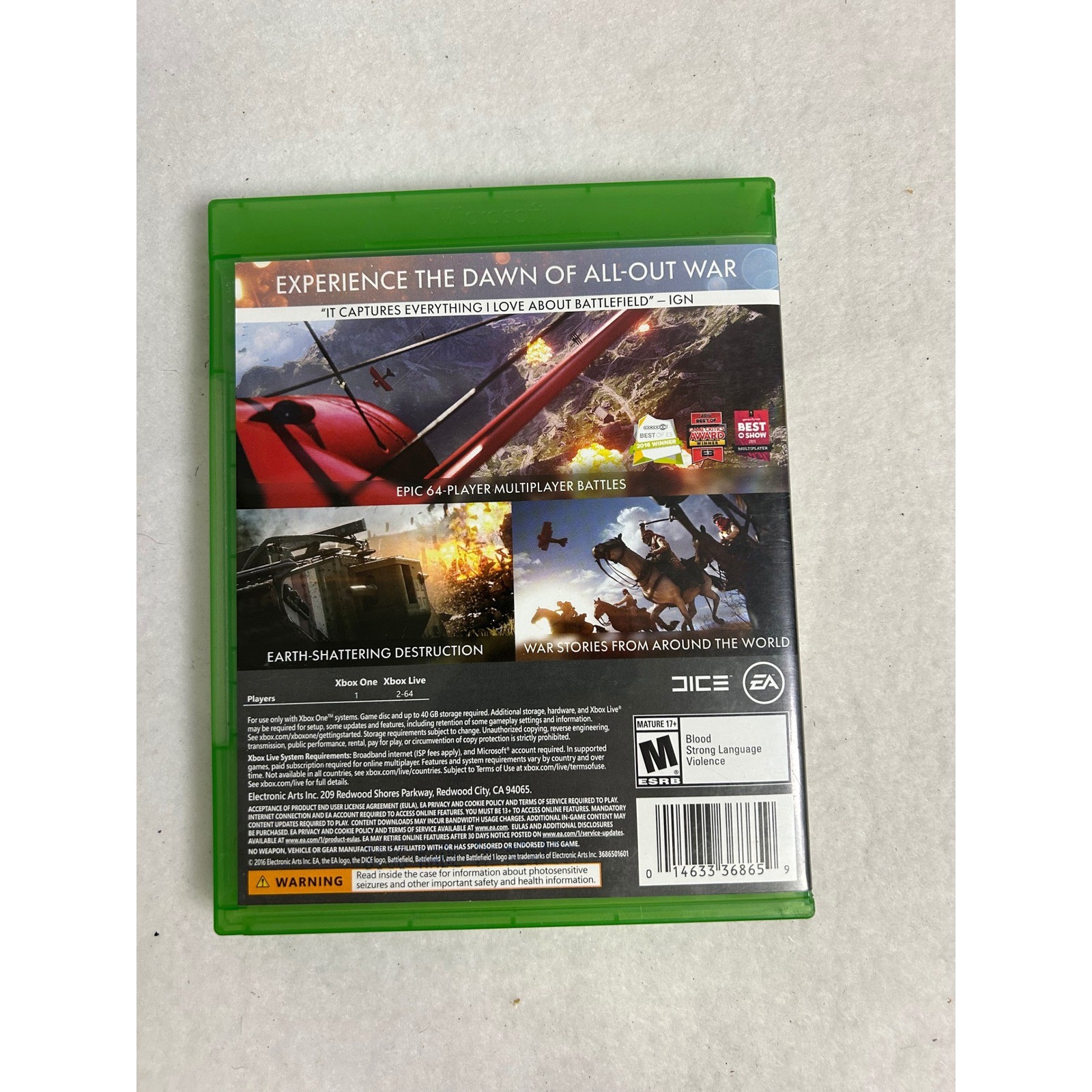 WWI FPS Battlefield 1 Xbox One Green Physical Disc Action Shooter Game