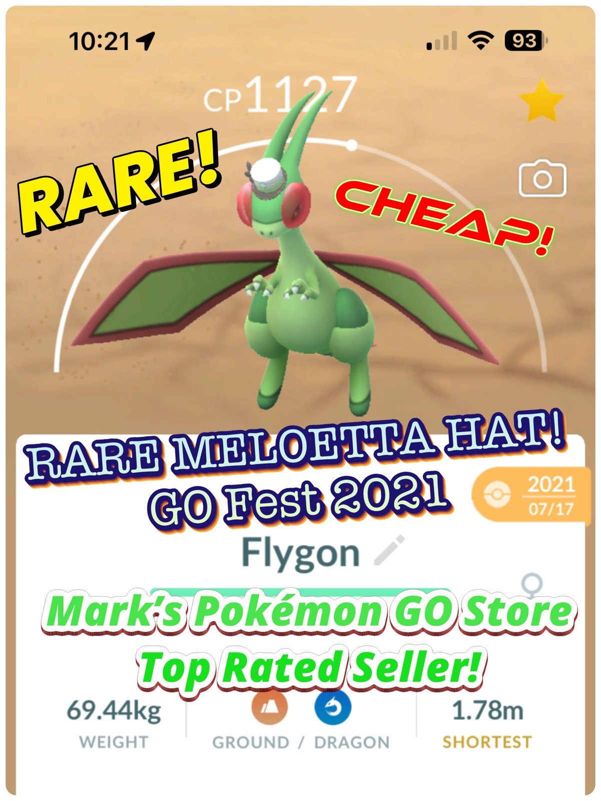 Pokemon RARE Meloetta Hat Flygon GO Fest 2021 Go