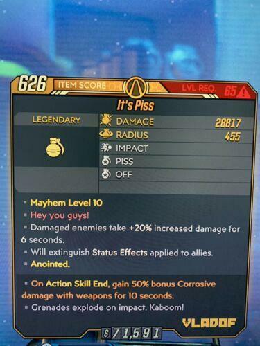 Lvl 65 M10 Anointed It’s Piss Grenade 50% ASE Choose Buy2, GET1 BL3 Xbox One