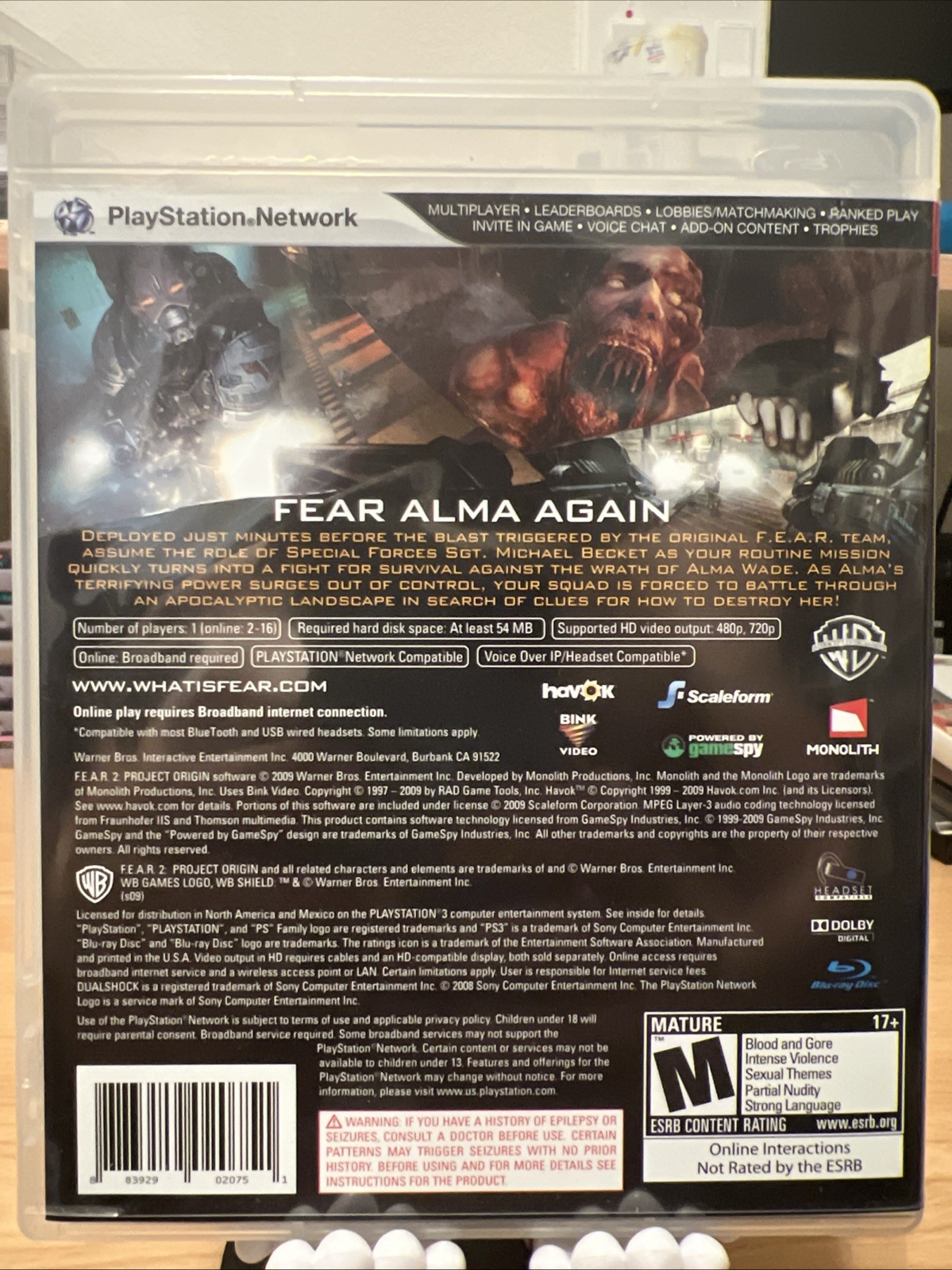 FEAR 2: Project Origin (Sony PlayStation 3, 2009) Complete In Box With Slipcover