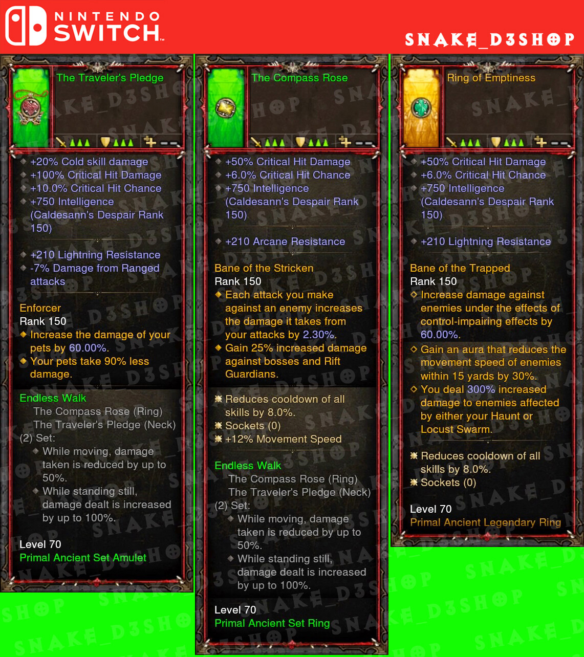 Diablo 3 Nin. Switch – Unmodded Primal – Mundunugu’s Set – Witch Doctor 2.6.8